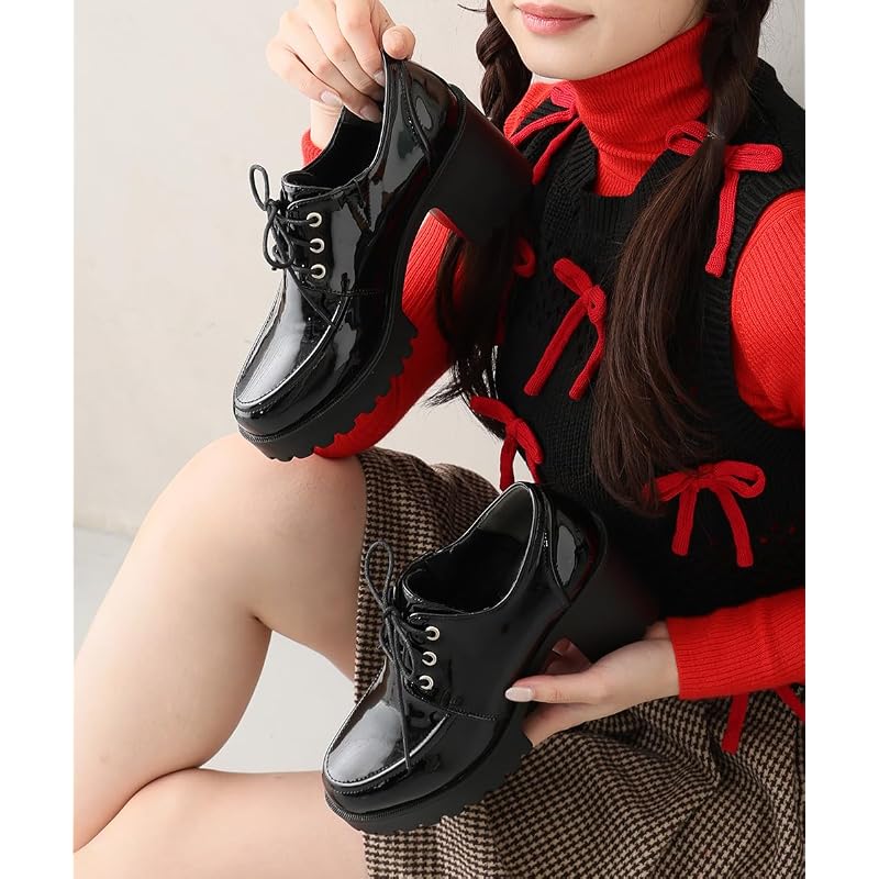 [DMTR] Two Designs to Choose From: Platform Tank Sole Lace-Up Mannish Shoes for Women 2134_2302-L29 (Black Enamel (Stitch 2134), L)