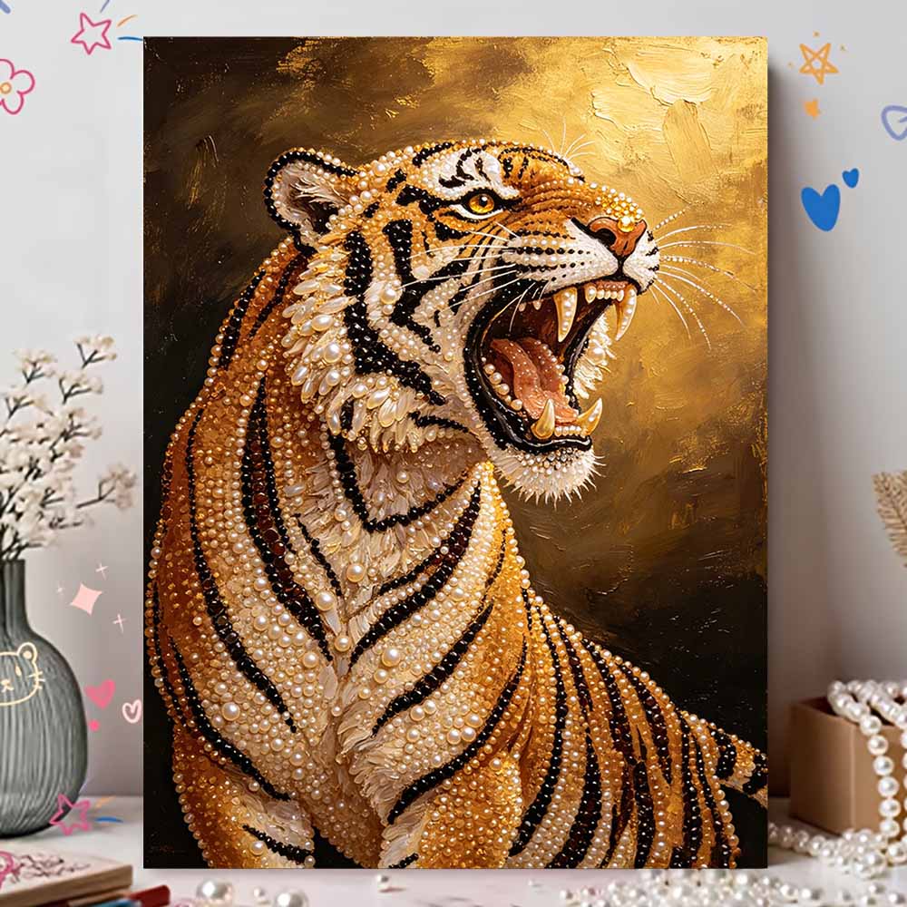 DIY Pearl Bead Art Canvas Tiger Pattern Frameless Creative Craft Painting Kit for Relaxing Home Wall Decoration