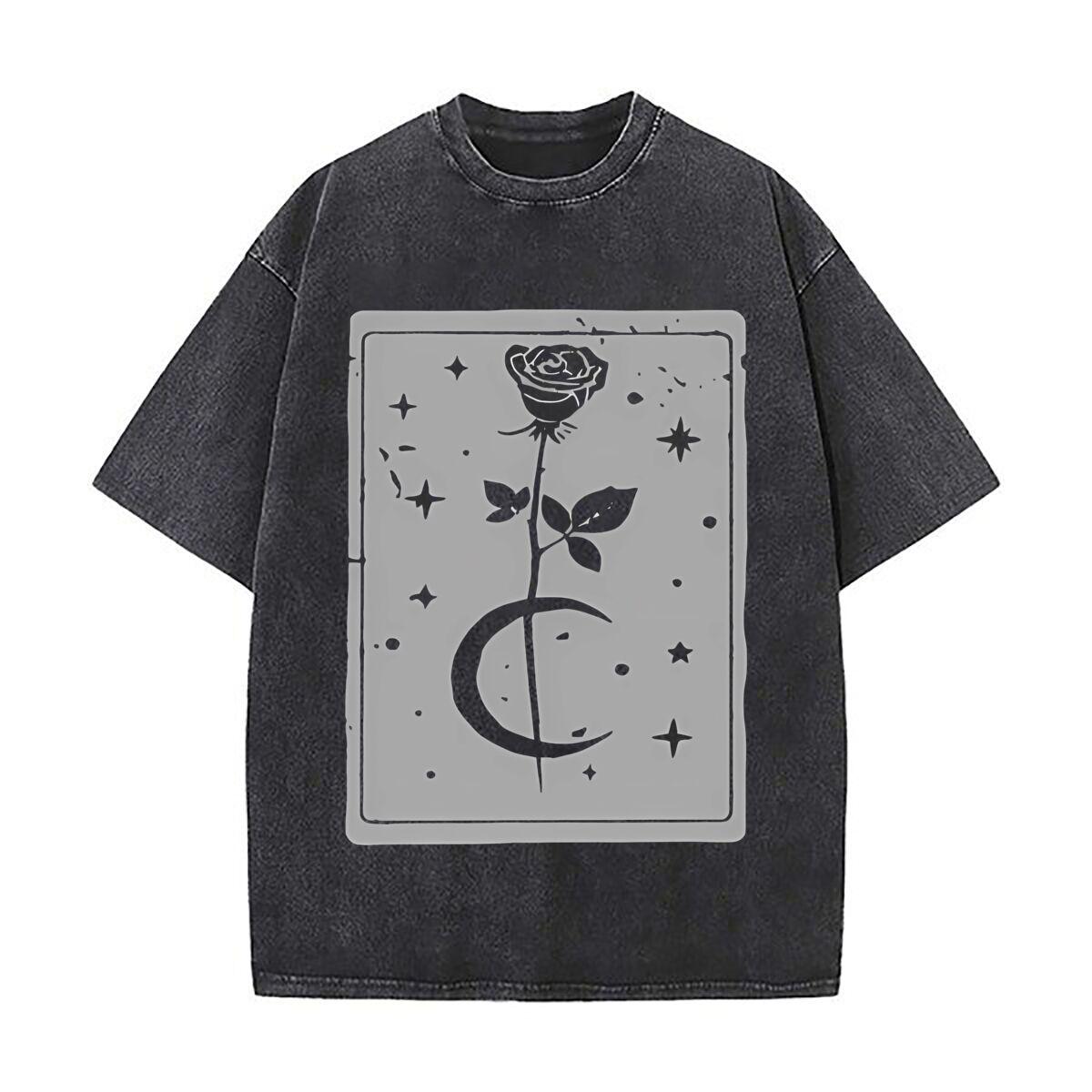 Rose  Moon Mystical Symbol Art Daily Commute Vintage Distressed T Shirt Loose Washed Sleeve S