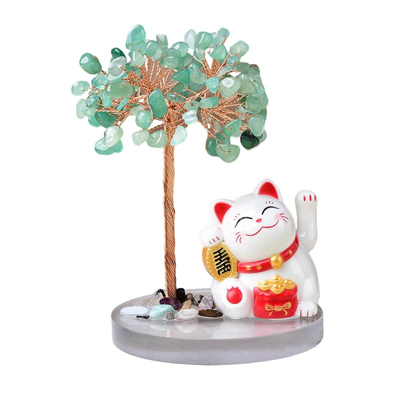 Solar Energy Shake Hands Lucky Cat Base Fate Tree Office Home Natural Crushed Stone Life Tree Handwoven Weaving Decor