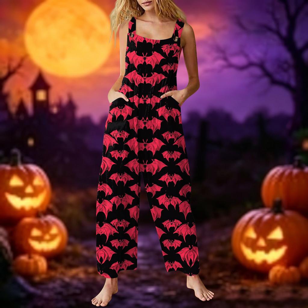 Sleeveless Casual Jumpsuit for Women Cotton One Piece Romper Loose Fit Wide Leg Halloween Print Overall
