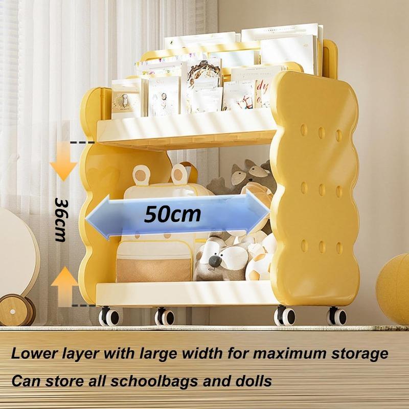 2 Tier Bookshelf with Wheels Cheese Biscuit Bookcase Storage Rack for Kids Rooms Bedroom Super Load-bearing Height Adjustable