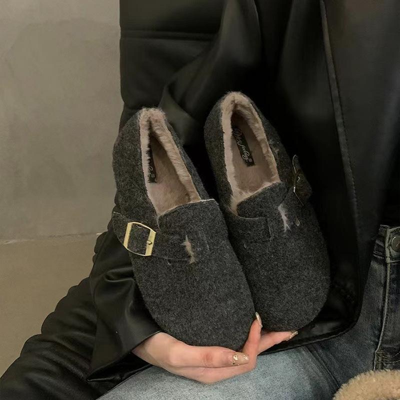 Retro velvet shoes women's shoes 2025 new autumn and winter Korean version Doudou shoes velvet thermal cotton single shoes