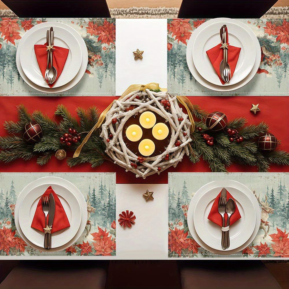 4pcs Vintage Christmas Placemats with Santa Claus & Reindeer Illustration - Festive Holiday Table Decor for Parties, Coffee Tabl