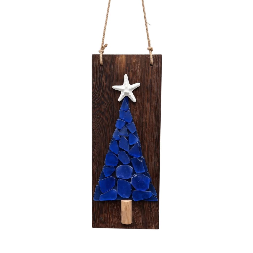 Non-Lighted Sea Glass Christmas Tree Ornament, Driftwood Christmas Hanging Decor for Wall and Wreath