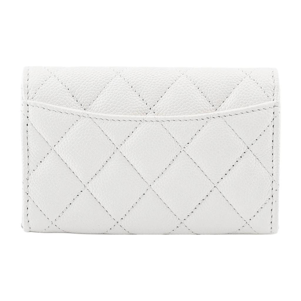 CHANEL 23C Classic Style Vertical Gold Label Double C Logo Quilted Pattern Shiny Grain Calfskin with Gold Metal Card Holder Small Female White