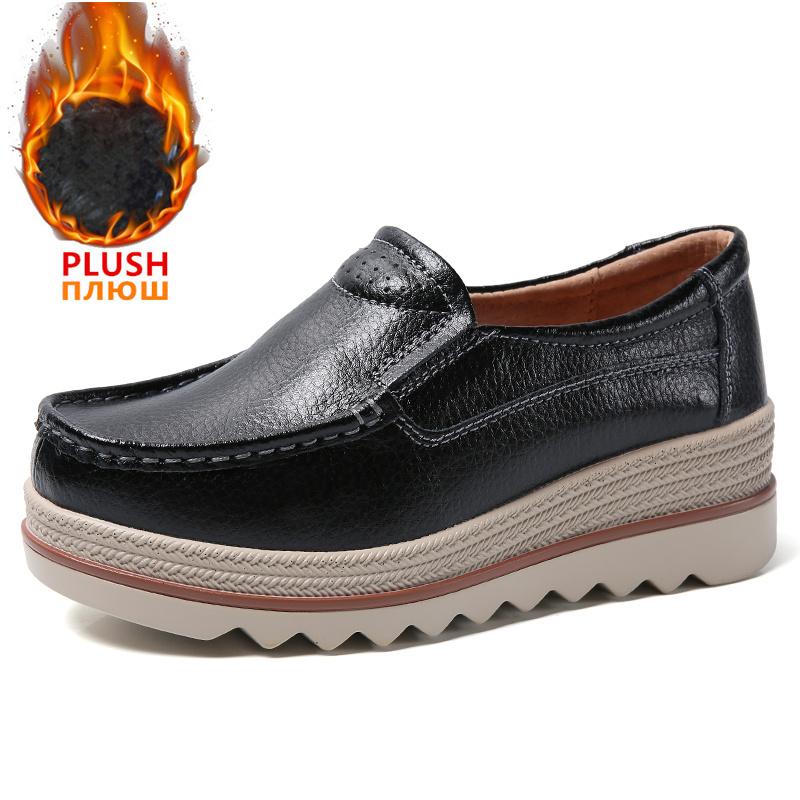 Leather Women Flat Platform Shoes Comfortable Ladies Chunky Sneakers Slip on Luxury Women Loafers Mother Shoes Zapatillas Mujer
