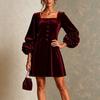 Women's Vintage Square Neck Puff Sleeve Long Sleeve A-Line Dress with Floral Color Loose Fit Formal Dress