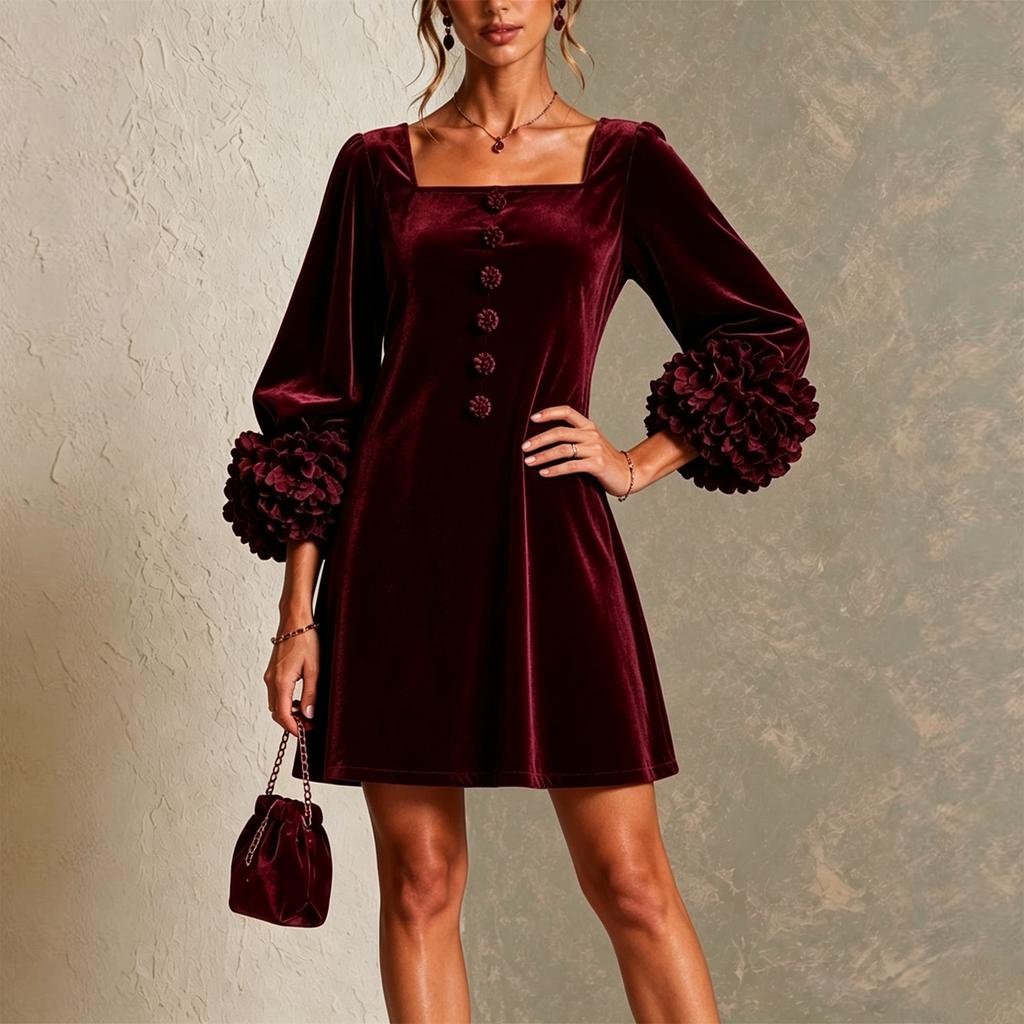 Women's Vintage Square Neck Puff Sleeve Long Sleeve A-Line Dress with Floral Color Loose Fit Formal Dress