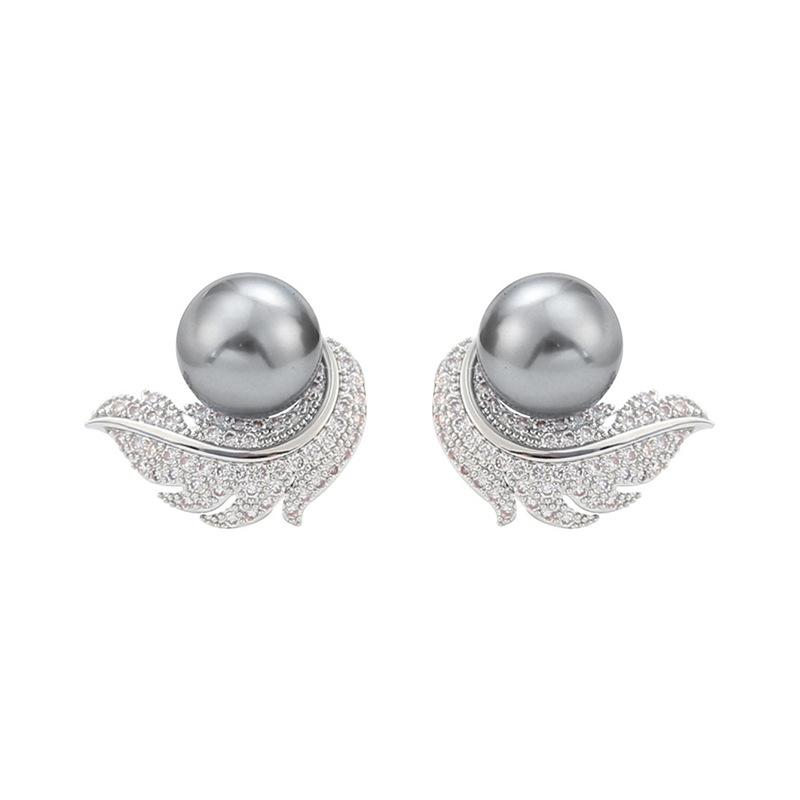 Women's stud earrings, feathered imitation pearl lady jewelry, micro-inlaid zircon round jewelry
