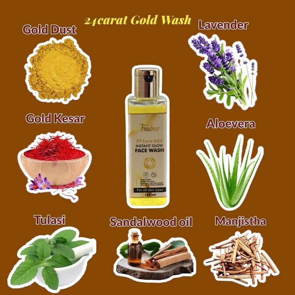Trubee 24K Gold Face Wash| Anti-inflammatory and Reduce Acne and Blemishes | Face Wash for Oily and Dry Skin | Gives Illuminating complexion | 100ml