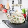 2.5 Quart Vintage Enamel Tea Kettle Green Floral Enamel on Steel Teapot with Handle for Stovetop Home Afternoon Tea Set Kettle