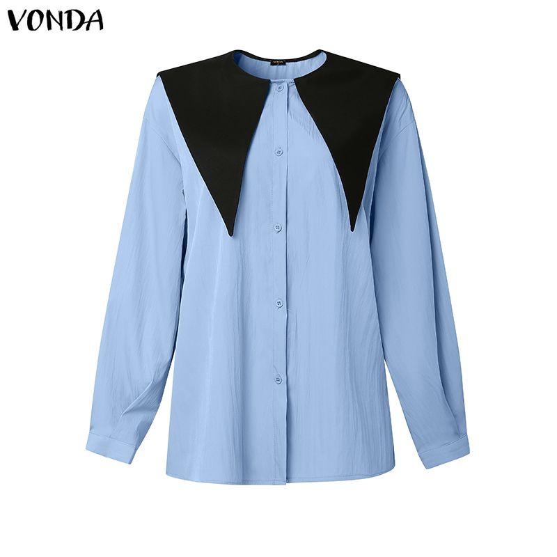 

VONDA Женские рубашки блузки с большим отложным воротником, длинным рукавом, свободного кроя, пэчворк 5XL синий