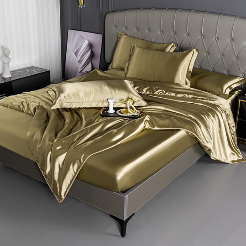 Summer double-sided ice silk mattress four-piece set silky smooth and cool silk three-piece set bed sheet quilt cover light luxury bedding cool