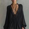 New European and American Style Black Lace Splicing V-neck Satin Nightgown Dress Sexy Loungewear