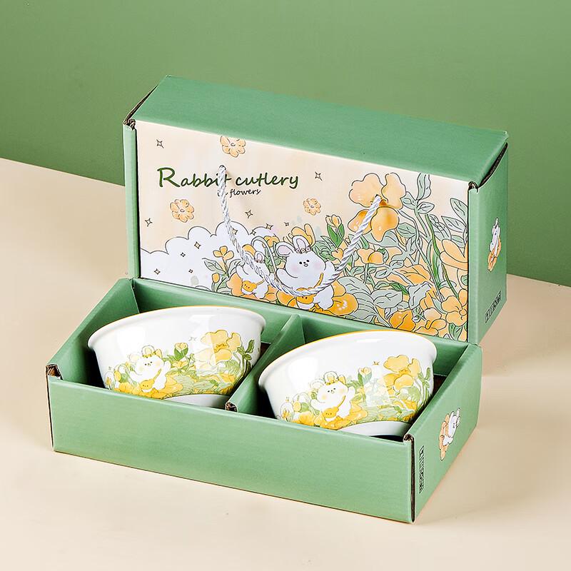 Flower Rabbit Ceramic Bowl and Chopsticks Gift Set