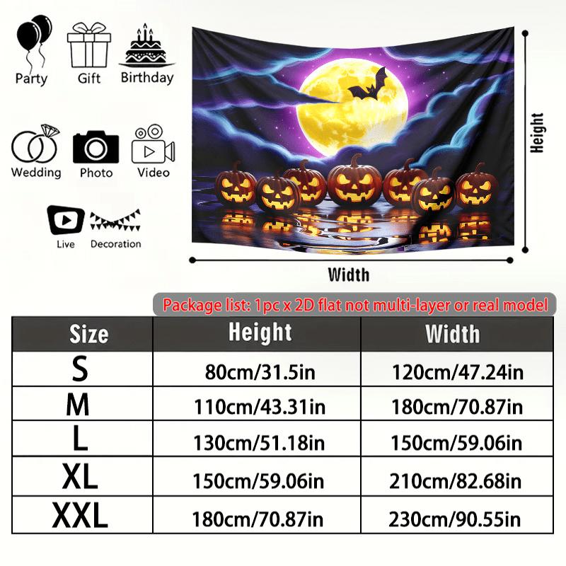 Pumpkins Bat Full Moon Halloween Theme Banner, Multicolor Polyester Backdrop for Wall Hanging & Photo Booth