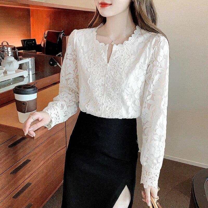 Neue Allgleiches Frauen Spitze Bluse Blütenblatt Hülse Stehkragen Aushöhlen Blume Spitze Patchwork Hemd Femme Taste Weiß Top 19234