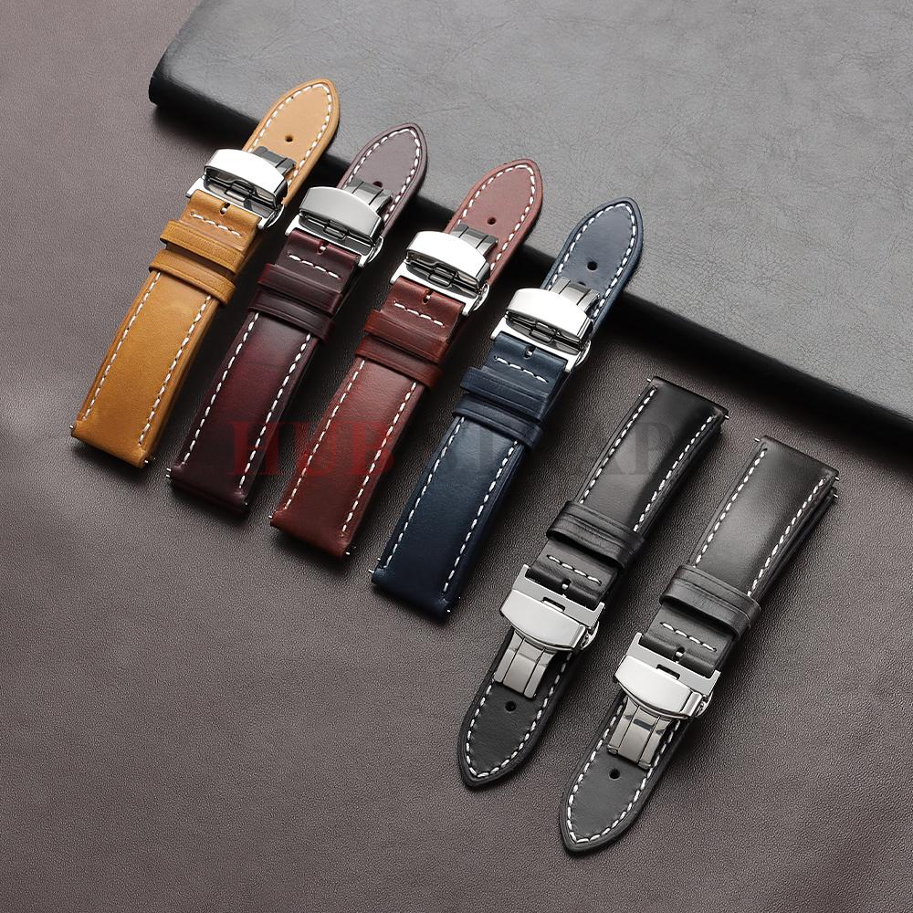 18mm 20mm 22mm Business Watch Band for Seiko Genuine Calfskin Leather Soft Watchband for Omega Butterfly Buckle Stitching Strap