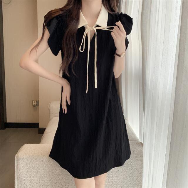 Age reduction small flying sleeves black dress women's summer design sense thin French small fragrant style straight skirt small black dress