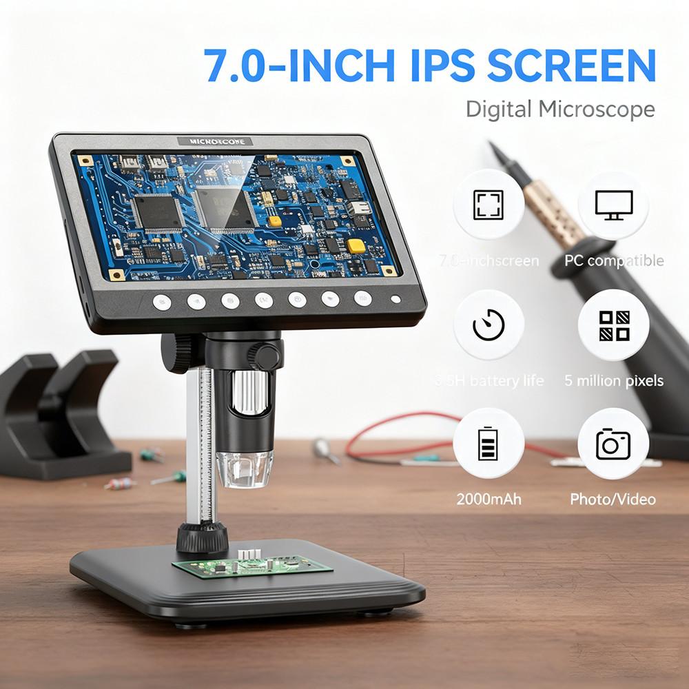 7" LCD Coin Microscope 50X-1200X Magnifier 5MP HD Digital Microscope 8 LED Lights Electronics Repair Soldring PC View Device