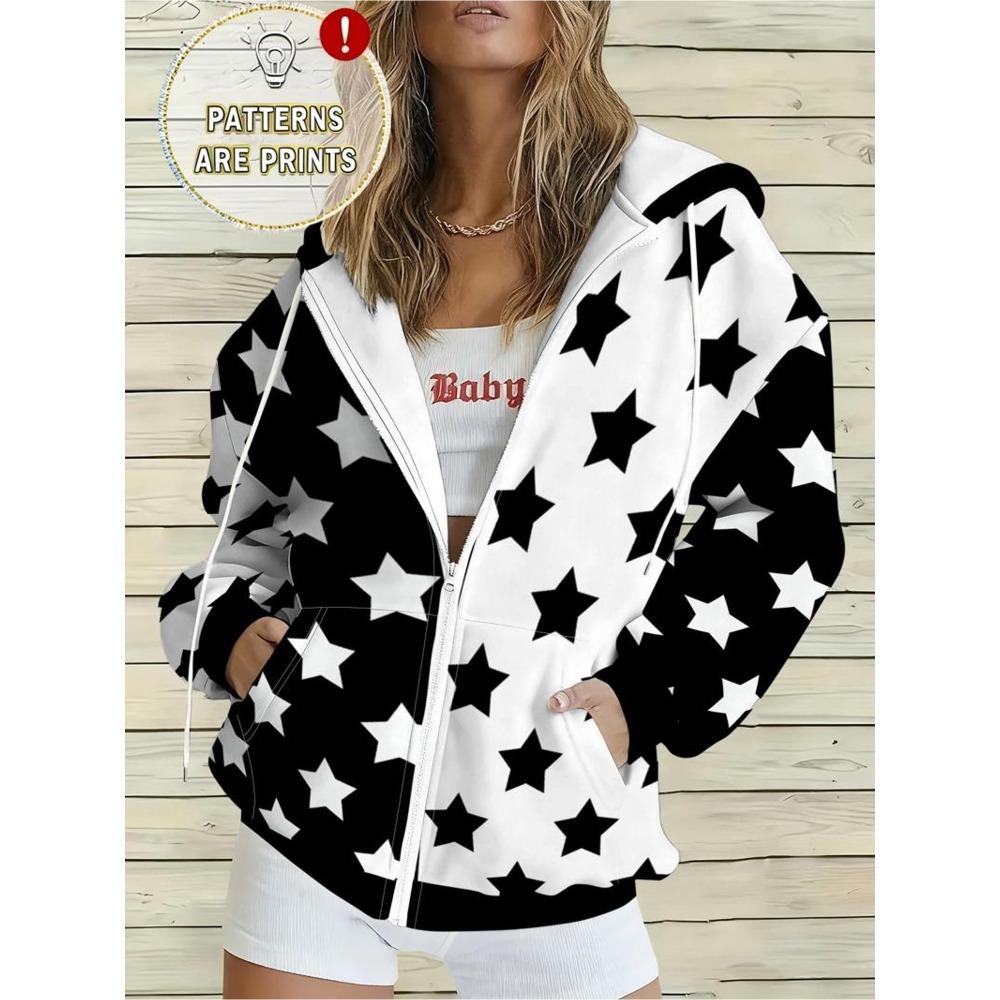 Plus Size Ladies Black and White Block Star Print Full Print Zip Hooded Sweatshirt, Loose