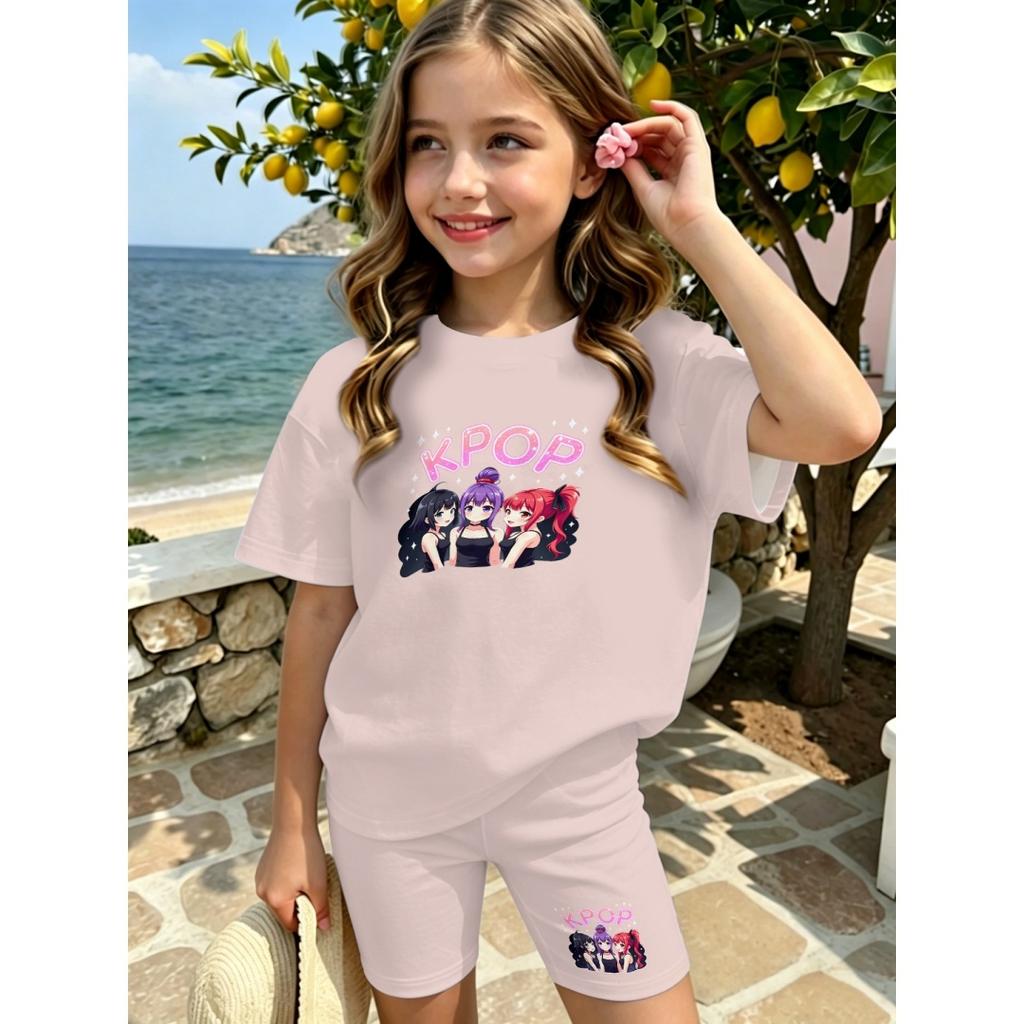 Summer 67 Six Seven Cartoon Print Girls 2PCS Short Sleeve T‑Shirt and Shorts Set Casual Children Daily Outdoor Fashion Outfit
