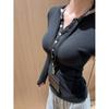 Slightly Mature Henley Collar Buttoned Shoulder Long Sleeve Women's Slim Fit Faux Cashmere Top for Autumn/Winter