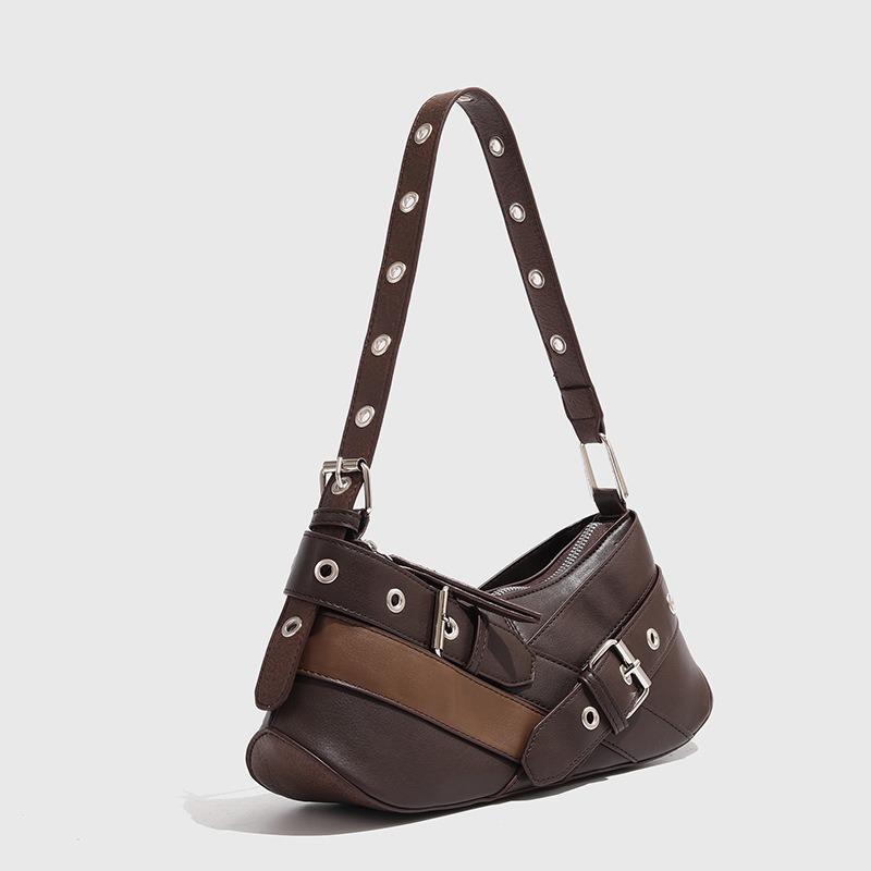 Fashion Niche Retro Brown Black Hot Girl Underarm Bag Motorcycle Shoulder Bag Versatile Baguette Bag