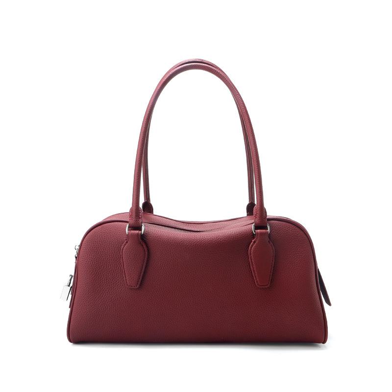 First Layer Cowhide Boston Bowling Bag Simple Women's Row Large Capacity Leather Commuter Underarm Shoulder Pillow Bag
