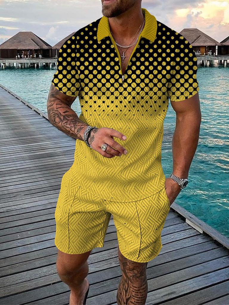 2022 European and American Men's Clothing New Independent Station Supply Casual Contrasting Color POLO Zipper Lapel Shirt Short-sleeved Set