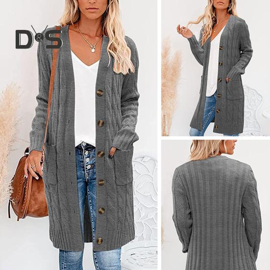Women Sweater Cardigan V-neck Long Sleeve Twist Texture Knitting Tops with Pockets Solid Color Button-Up Knitting Jacket