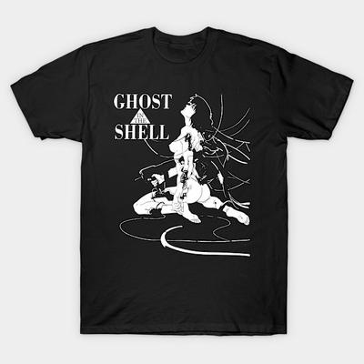 Męski Czarny T-shirt z Nadrukiem Super Duży T-shirtGhost In The Shell Nadruk na Bawełnianym T-shircie z Papieru Transferowego Bez Cięcia