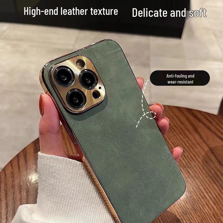 Compatible with Apple 17 Pro Max/16/15: Lambskin Leather Electroplated Metal Lens Drop-proof Case.