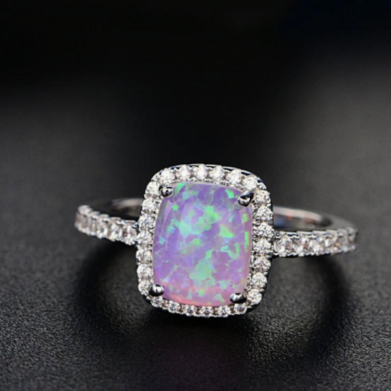 Cushion Cut Square Rainbow White Fire Opal Rings For Women Gold Horse Eye Zircon Charm Leaf Wedding Bands Party Jewelry CZ