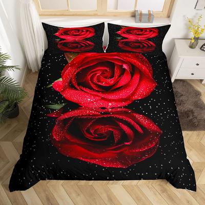 Red Rose Duvet Cover Set King Size for Girls Water Drops Bedding Set Romantic Rose Flowers 2/3pcs Comforter Cover for Couples