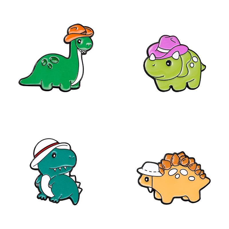 4 Styles Cartoon Dome Hat Dinosaur Design Enamel Brooches Cuite Animal Gentleman Pins For Backpack Bag Hat Jewelry Decoration