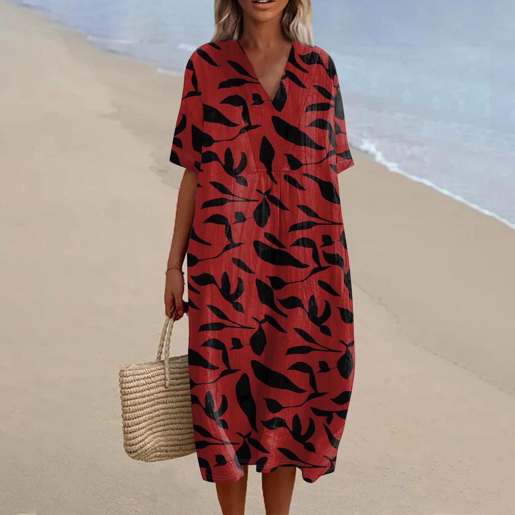 Women's Loose Casual Fashion V-Neck Printed Dress Beach Skirt