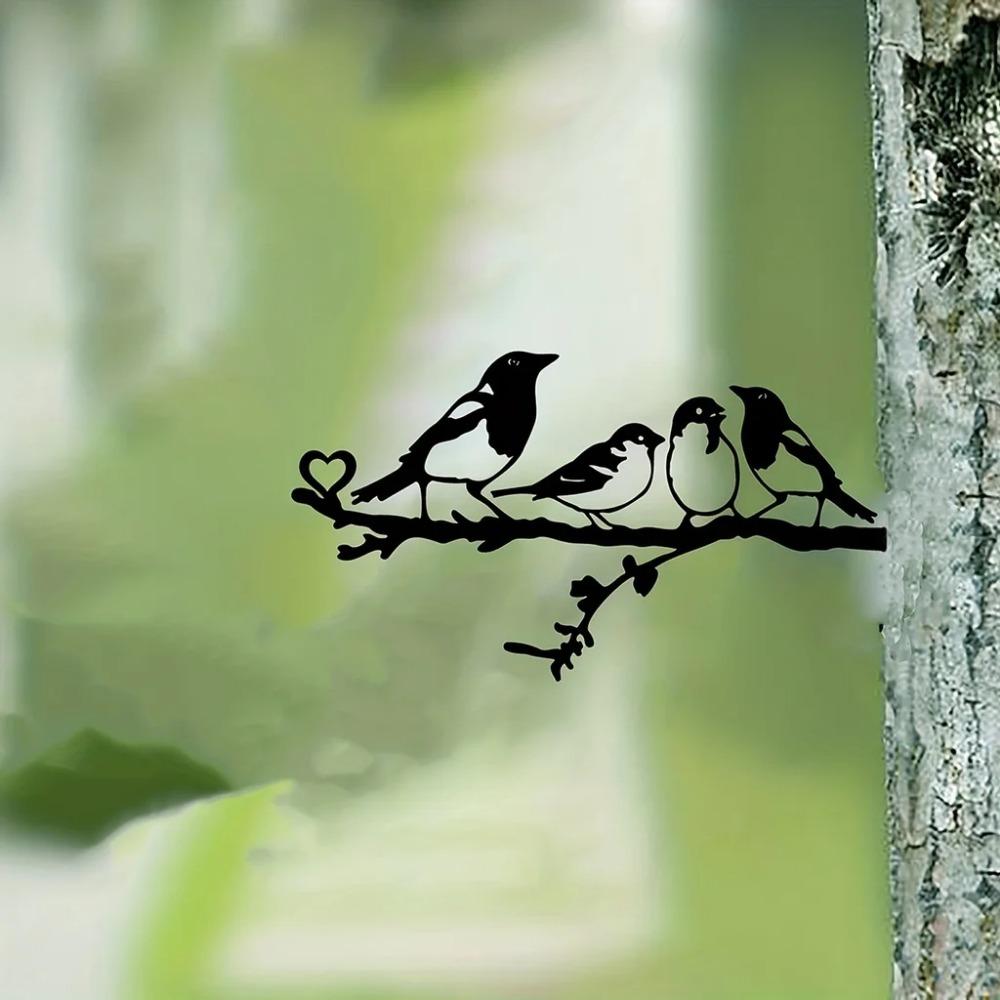 Four Birds On Branch Steel Silhouette Metal Wall Art for Home, Garden, Yard, and Patio. Perfect Outdoor Statue Stake Decoration