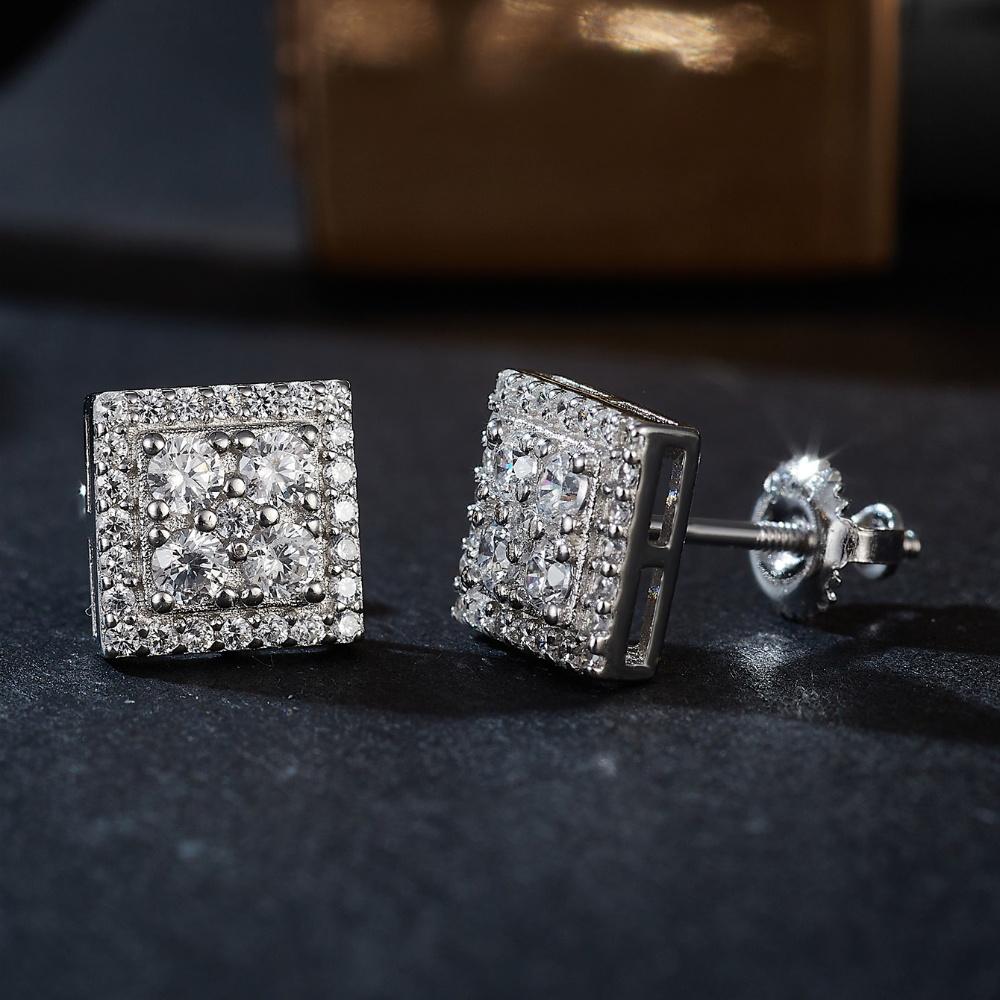 Moissanit Prawdziwe Męskie Prawdziwe Srebro Próby 925 Iced Hip Hop Kwadratowe Kolczyki