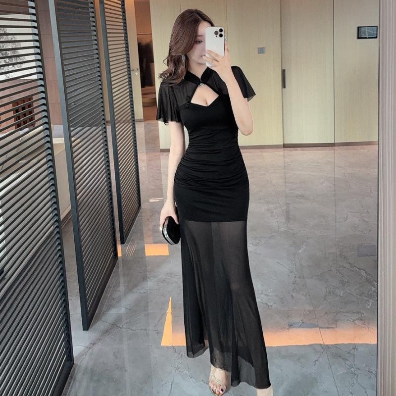 Elegant Mesh Patchwork Qipao Bodycon Gown with Slit