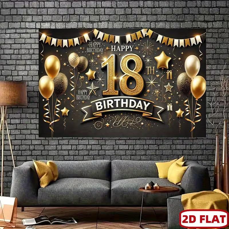 2D 18th Birthday Black Gold Star & Confetti Backdrop for Adult Party