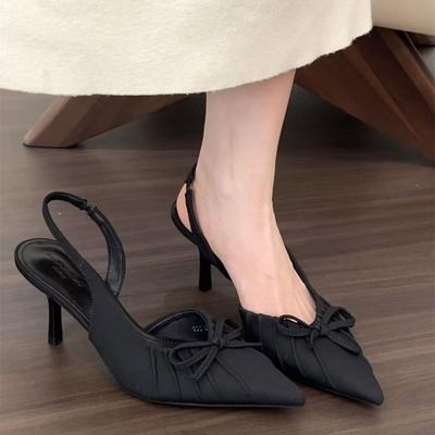 Temperament Pointed Head Bag Head Sandals Pleated Bow Single Shoes French Niche High Heels Women's 2025 Spring and Summer New Models