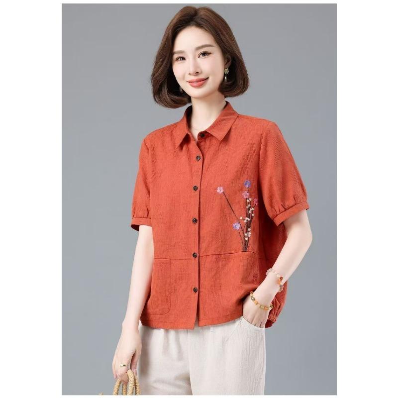 Women's Purple Polo Collar Short Sleeve Blouse with Floral Embroidery Pockets Loose Fit Cotton Linen Casual Top Shirts