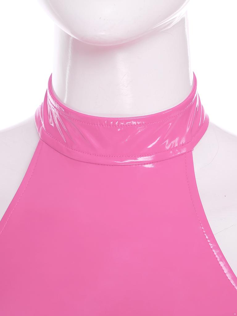 Damen Lackleder Bodysuit Neckholder Cutout Design Schrittlos Rückenfrei Einteiler Clubwear Reizvolles Outfit