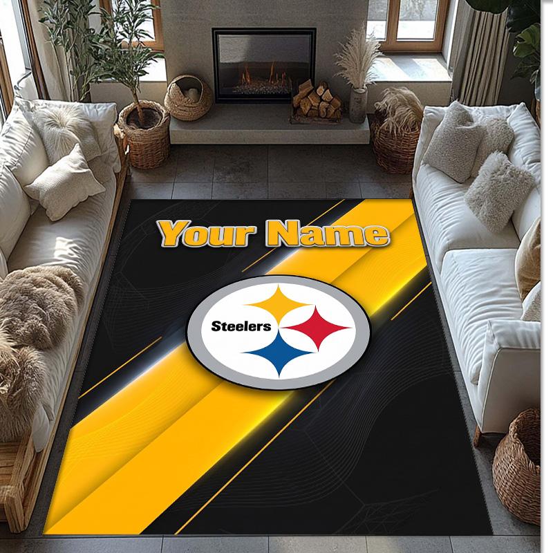 Pittsburgh Steelers Crystal Velvet Rug, Custom Name Text Personalized Non‑Slip Floor Mat for Home Decor Gift
