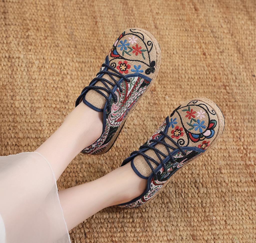 Women's Shoes Round Head Lace Up Cotton Linen Canvas Single National Woven Round Toe Lace Up Cloth Shoes Woman Flats