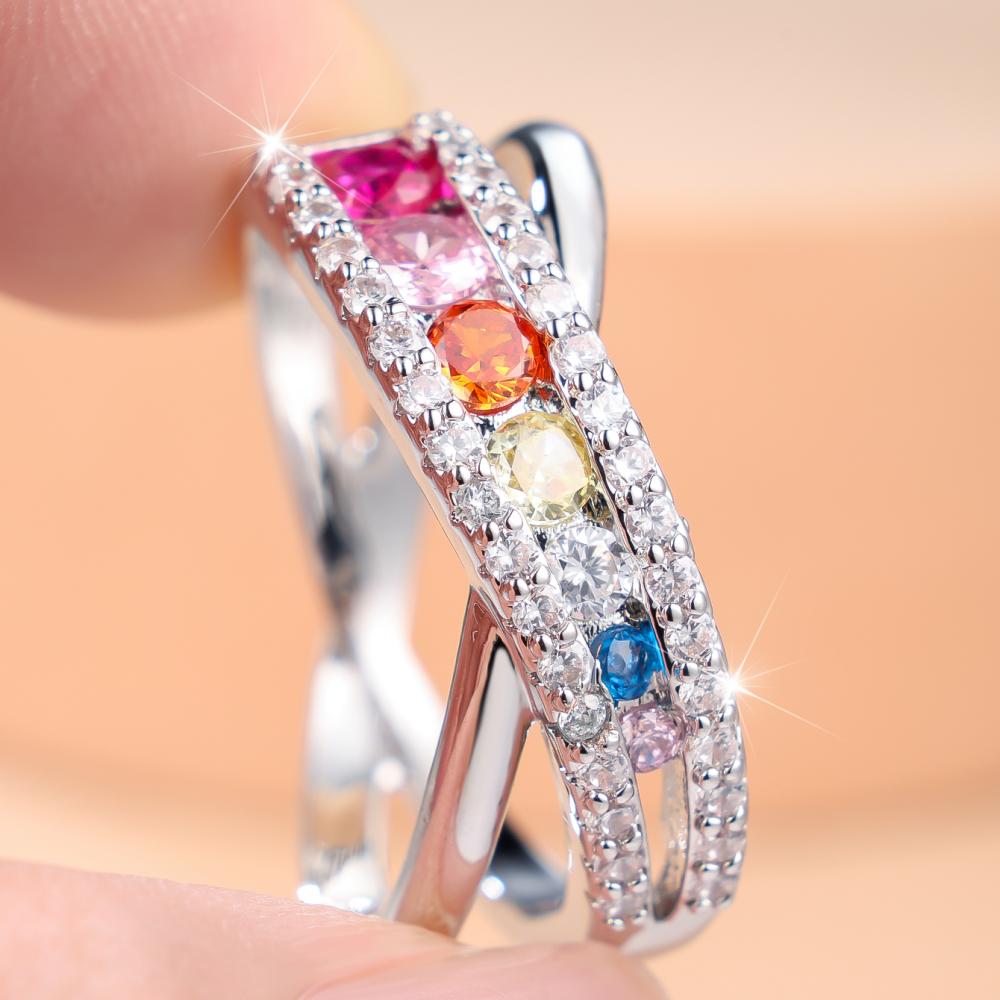 Romantic Silver Color Cross Band Multi-Color Zircon Ring for Women Wedding Anniversary