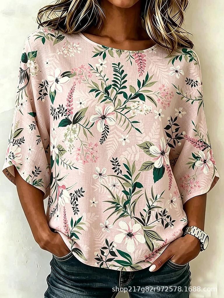 Xiyin's New Summer T-shirt Women's D-printed Retro Round Neck Loose Seven-quarter Sleeve T-shirt Top