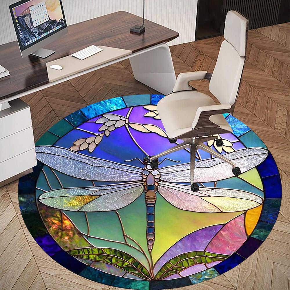 1pc Dragonfly Stained Glass Round Chair mat office Area Rug - Non-Slip, Floor Mat for Office, Bedroom, Ideal home decor gift c0112035